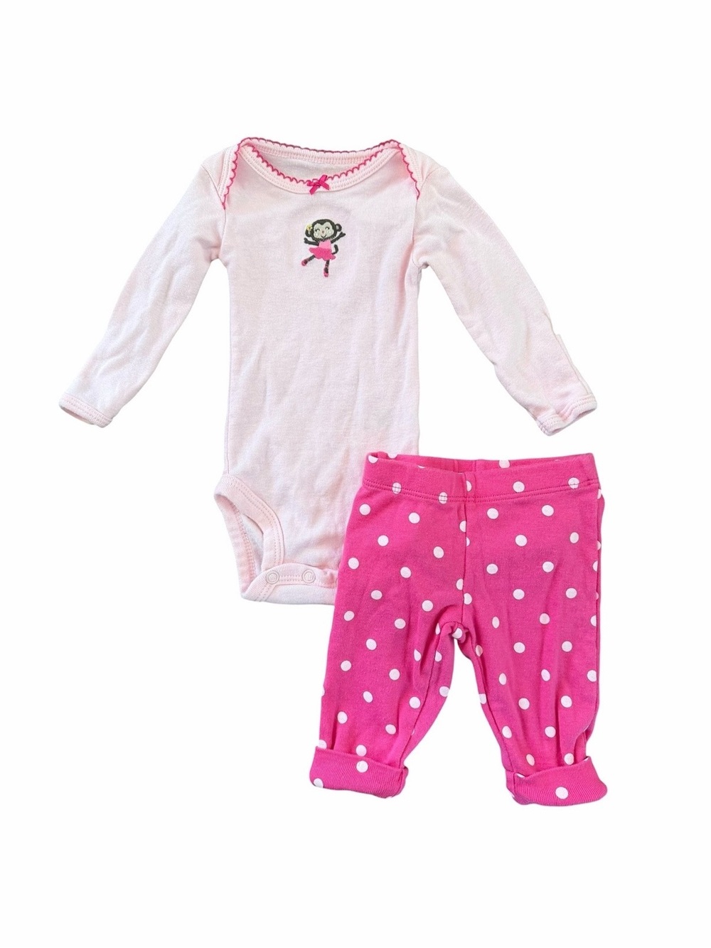 Carter’s Newborn Monkey Bodysuit Pants 2pc Set Pink White Polka Dot
